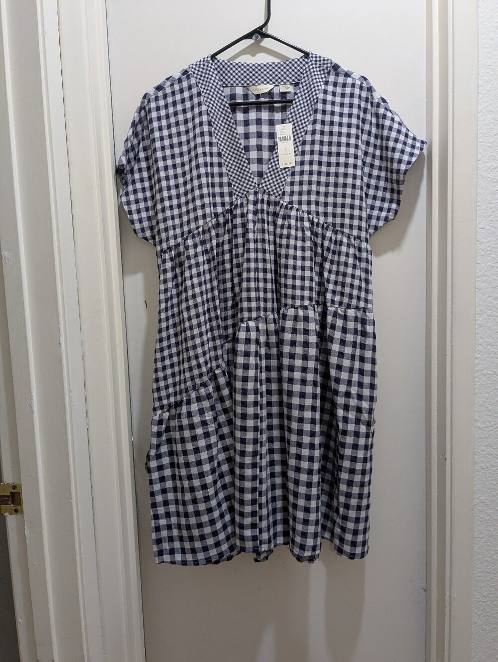 Anthropologie 11-1-TYLHO V Neck Swing Dress Navy and White Gingham Tiered Sz. S - Picture 8 of 8